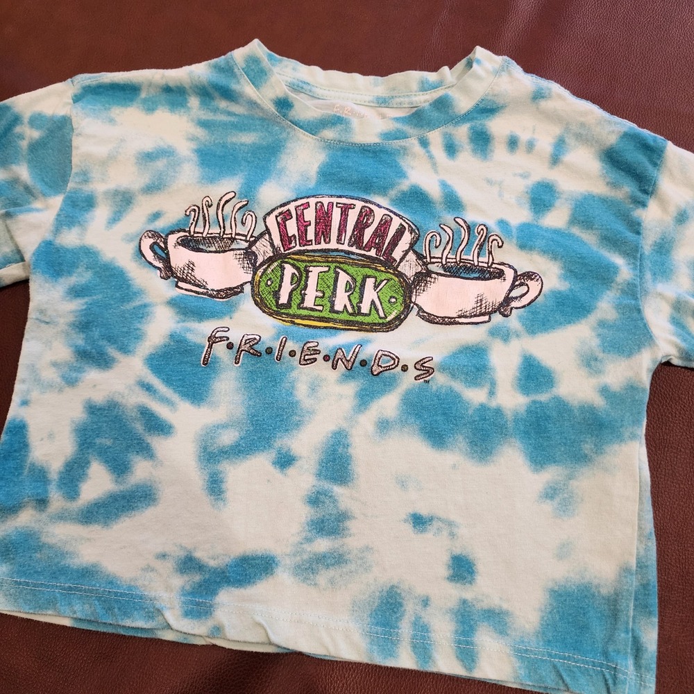 Friends Central Perk T Shirt Womens S Blue Tie Dye Crop Top Coffee Graphic Tee